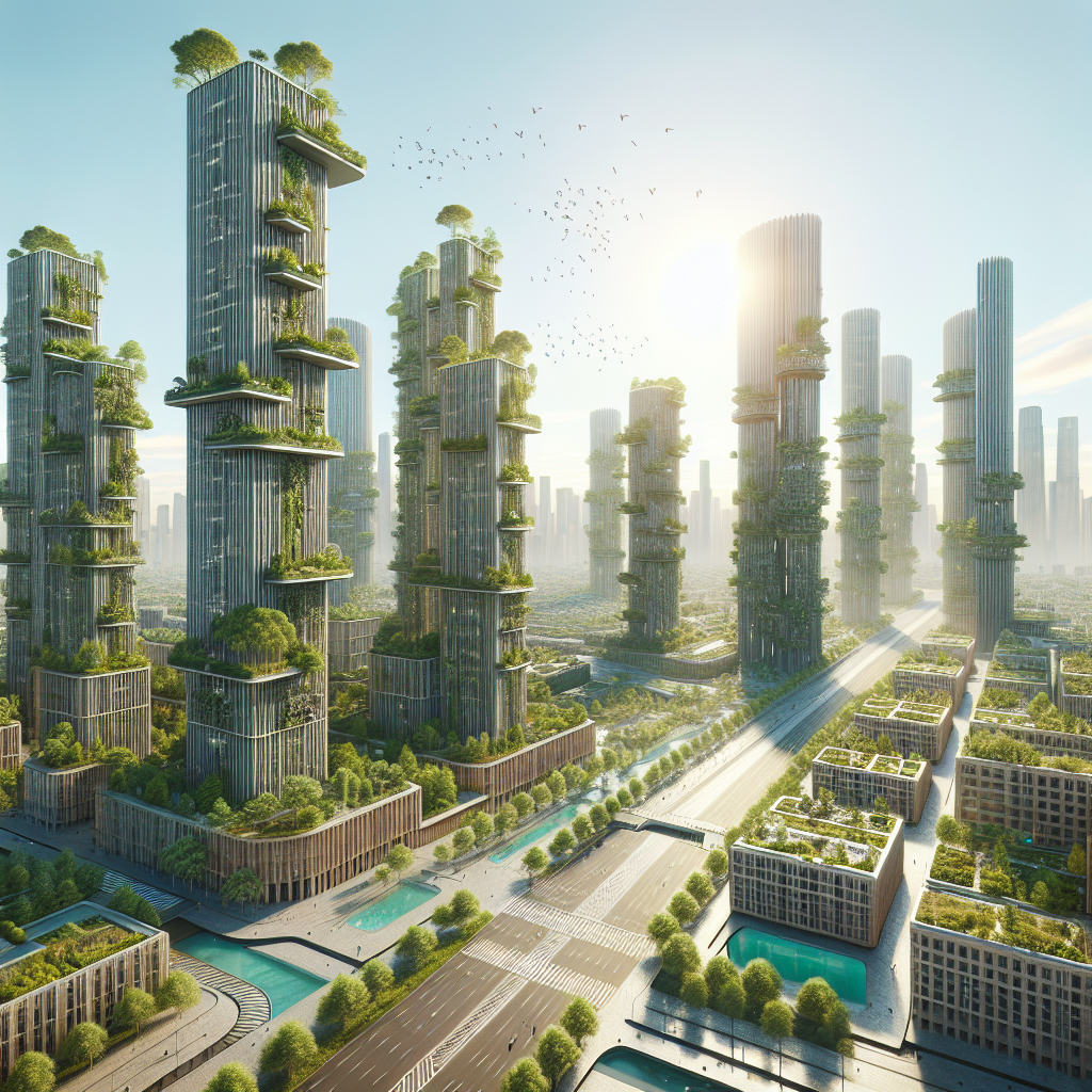 Hyperrealistic sustainable futuristic city with wooden skyscrapers, vertical forests, solar panels, and green urban design blending with nature.