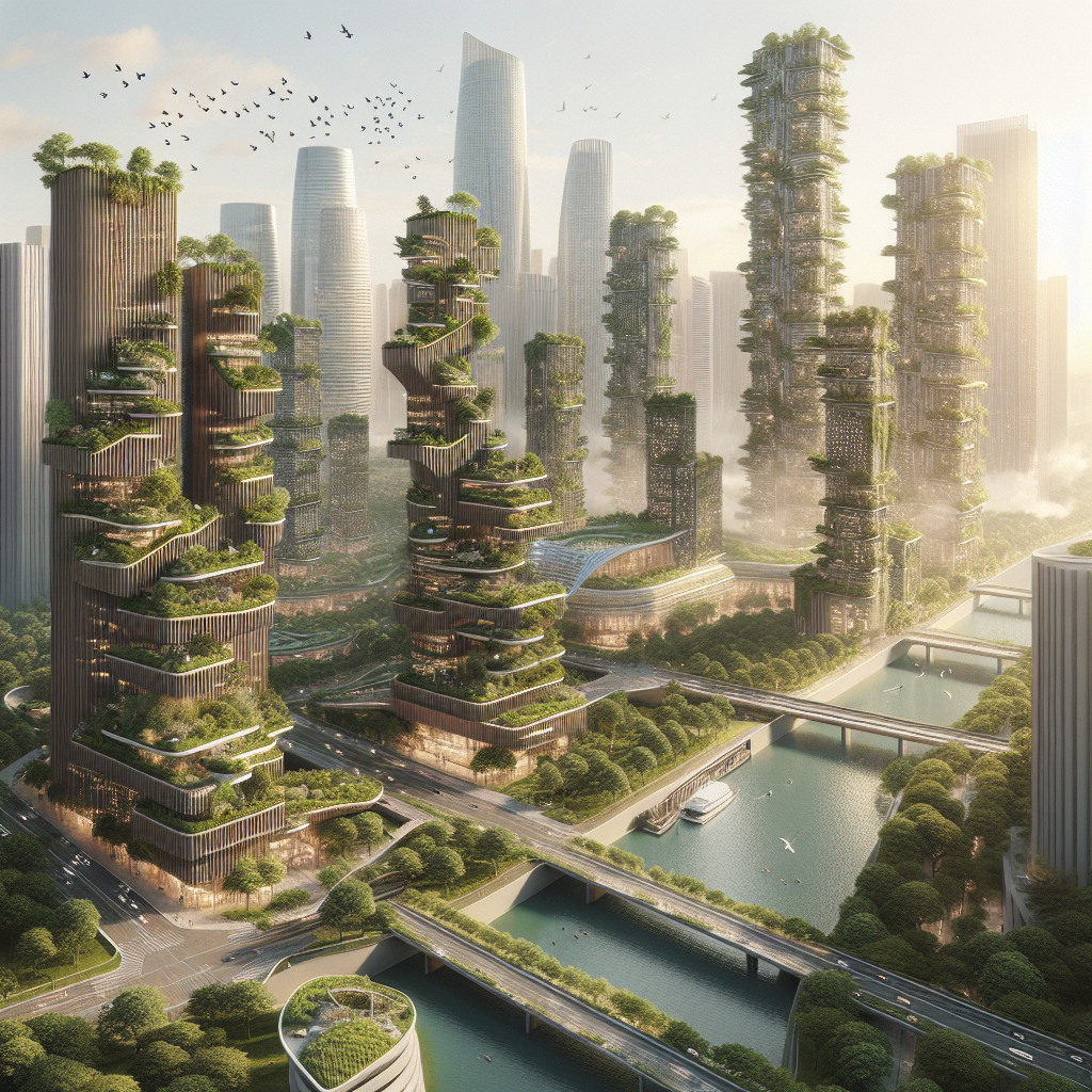 Hyperrealistic sustainable futuristic city with wooden skyscrapers, vertical forests, solar panels, and green urban design blending with nature.