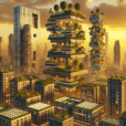 Futuristic city skyline with rooftop gardens, vertical forests, and urban farming structures glowing under a golden-hour sky.