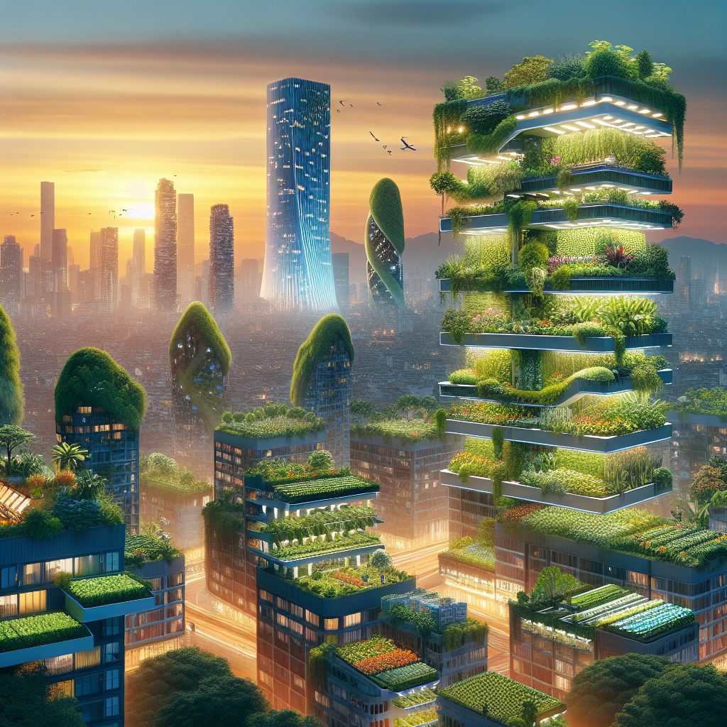 Futuristic city skyline with rooftop gardens, vertical forests, and urban farming structures glowing under a golden-hour sky.