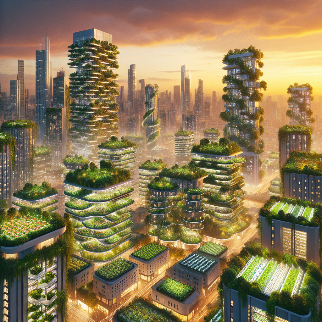 Futuristic city skyline with rooftop gardens, vertical forests, and urban farming structures glowing under a golden-hour sky.