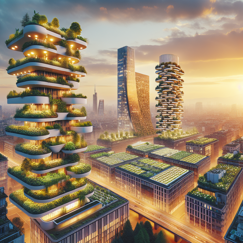 Futuristic city skyline with rooftop gardens, vertical forests, and urban farming structures glowing under a golden-hour sky.