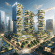 Futuristic city skyline with vertical farms, eco-skyscrapers, green plazas, and sustainable architecture in a hyperrealistic daytime aerial view.