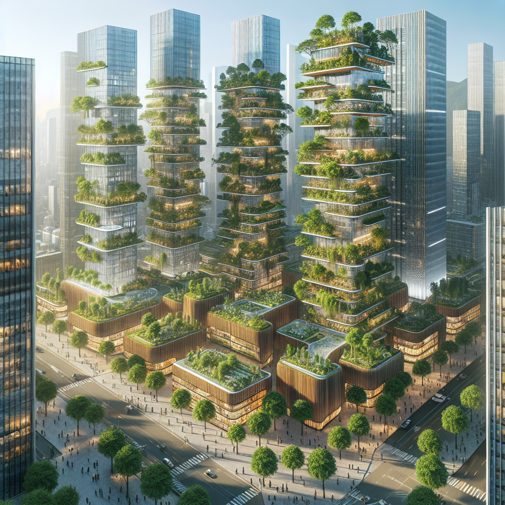 Futuristic city skyline with vertical farms, eco-skyscrapers, green plazas, and sustainable architecture in a hyperrealistic daytime aerial view.