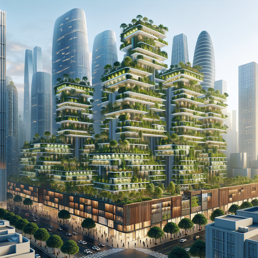 Futuristic city skyline with vertical farms, eco-skyscrapers, green plazas, and sustainable architecture in a hyperrealistic daytime aerial view.