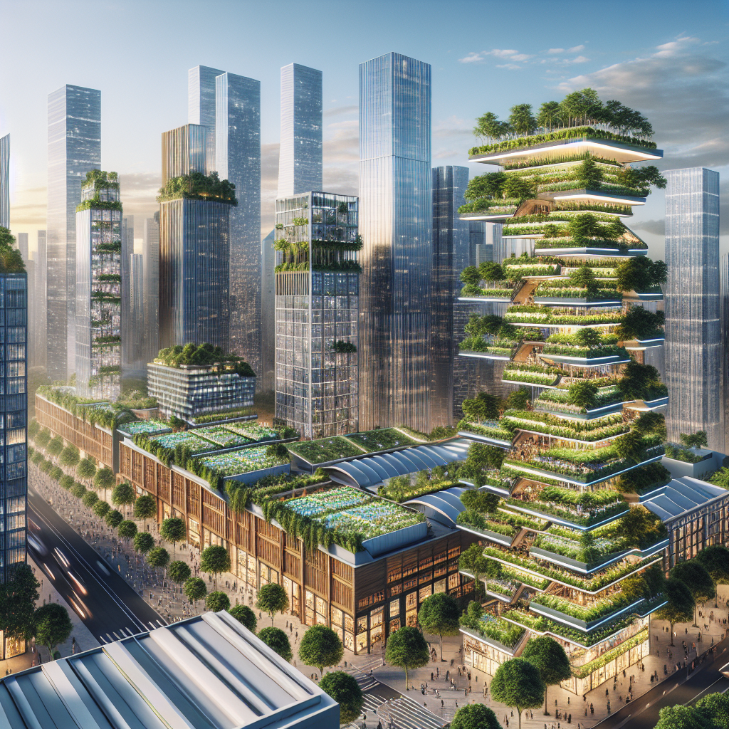 Futuristic city skyline with vertical farms, eco-skyscrapers, green plazas, and sustainable architecture in a hyperrealistic daytime aerial view.