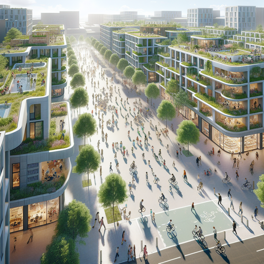 Aerial view of pedestrian-friendly city district with green spaces, rooftop gardens, and solar-powered buildings inspired by Barcelona superblocks.
