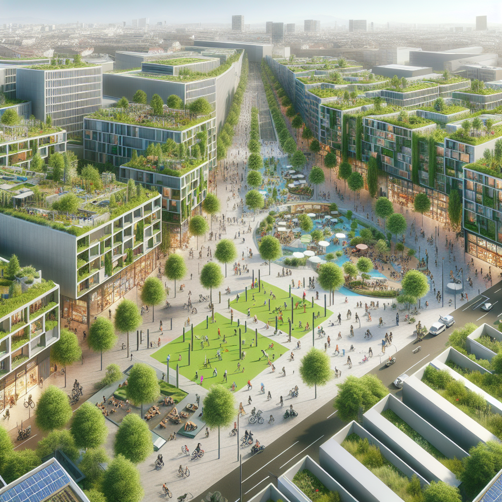 Aerial view of pedestrian-friendly city district with green spaces, rooftop gardens, and solar-powered buildings inspired by Barcelona superblocks.