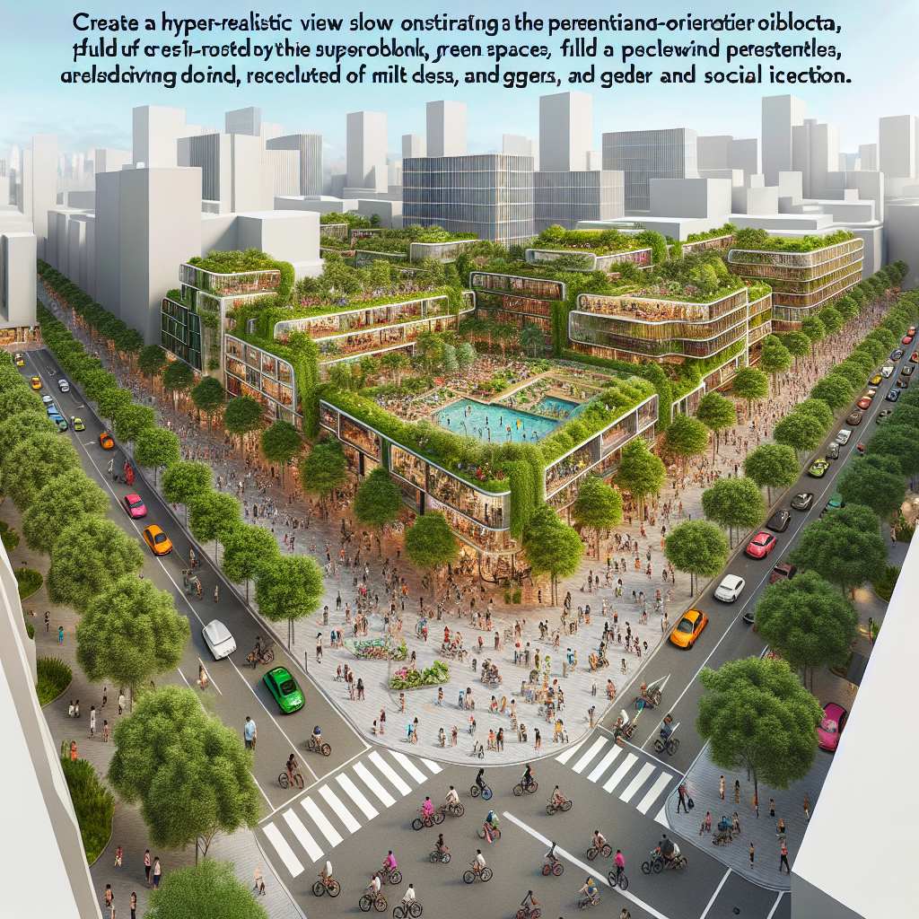 Aerial view of pedestrian-friendly city district with green spaces, rooftop gardens, and solar-powered buildings inspired by Barcelona superblocks.
