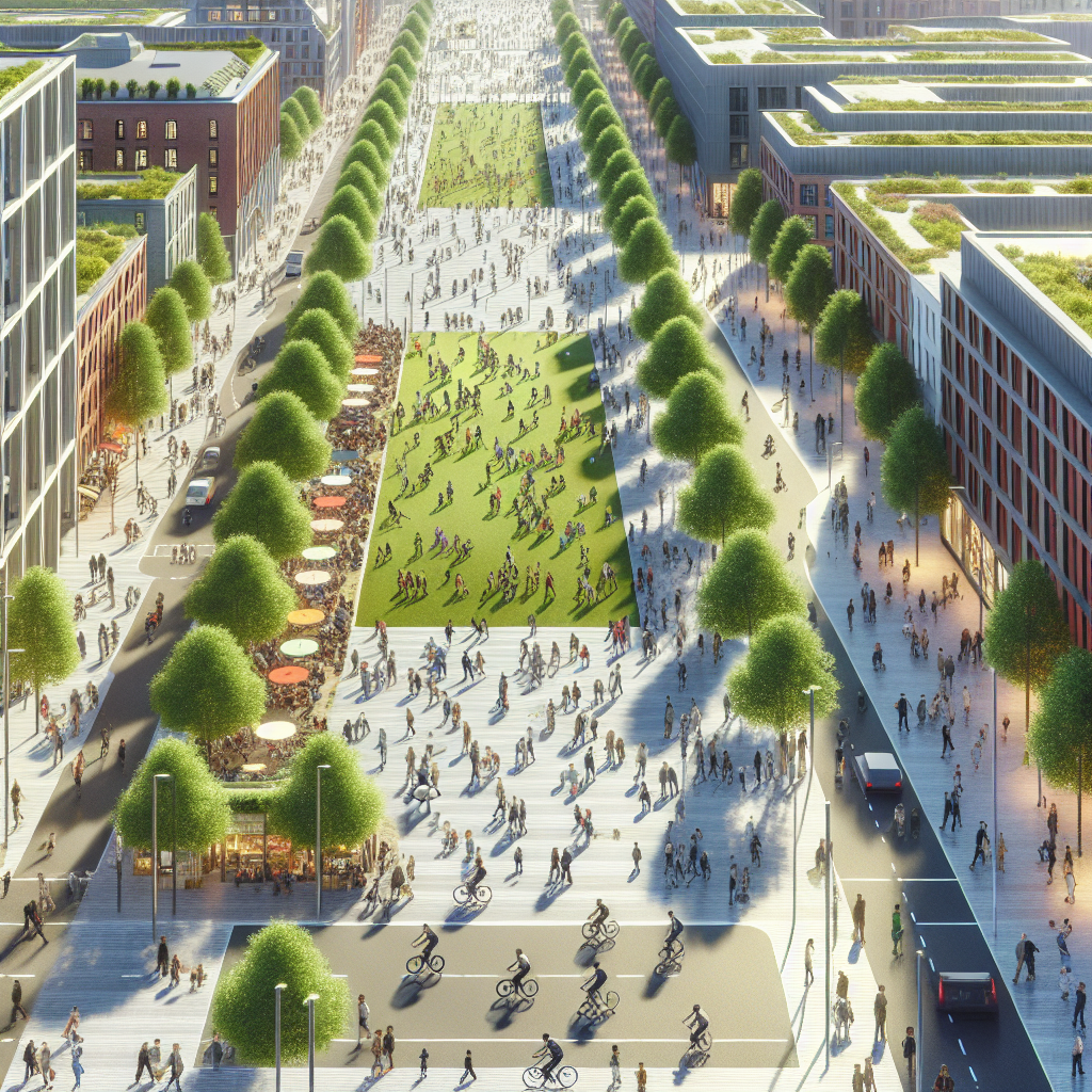 Aerial view of pedestrian-friendly city district with green spaces, rooftop gardens, and solar-powered buildings inspired by Barcelona superblocks.