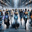 Futuristic fashion runway with models in LED smart garments, wearable tech, and AR environment blending adaptive textiles and biometric accessories.