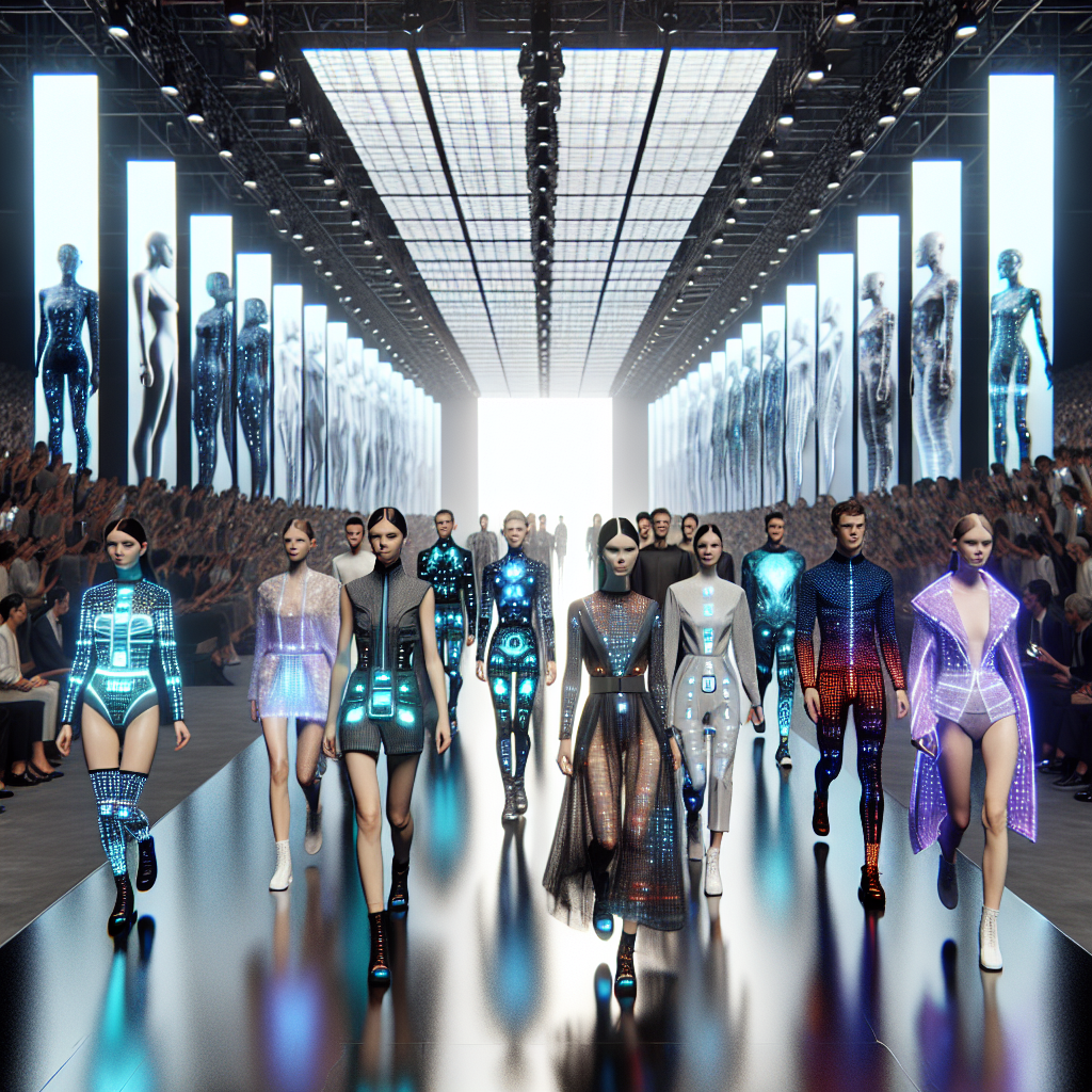 Futuristic fashion runway with models in LED smart garments, wearable tech, and AR environment blending adaptive textiles and biometric accessories.