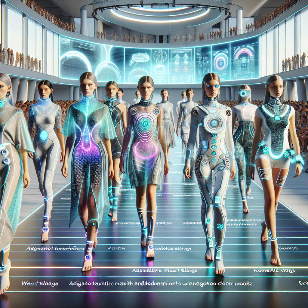 Futuristic fashion runway with models in LED smart garments, wearable tech, and AR environment blending adaptive textiles and biometric accessories.