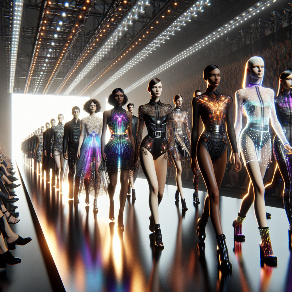 Futuristic fashion runway with models in LED smart garments, wearable tech, and AR environment blending adaptive textiles and biometric accessories.