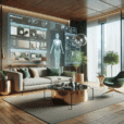 Hyperrealistic modern living room with walnut wood, brass fixtures, green accents, plants, and futuristic holographic AI design interface.