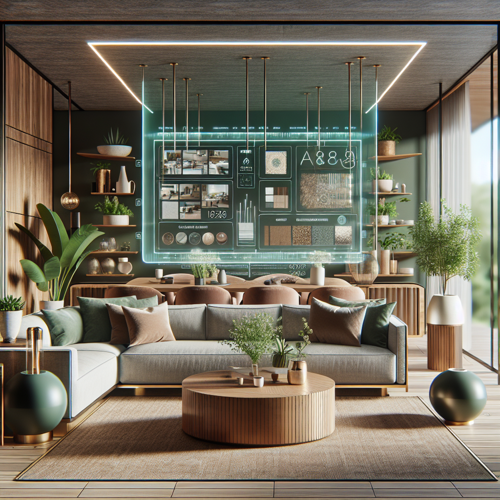Hyperrealistic modern living room with walnut wood, brass fixtures, green accents, plants, and futuristic holographic AI design interface.
