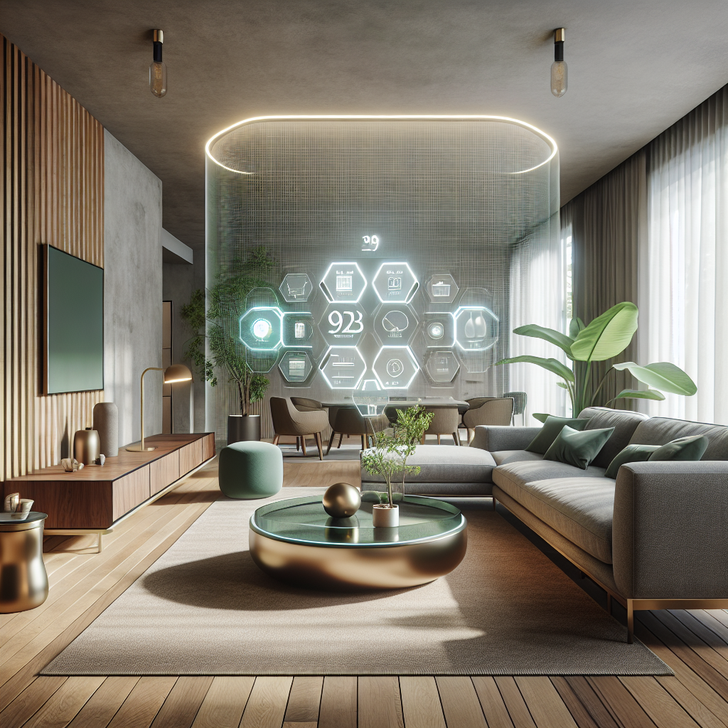 Hyperrealistic modern living room with walnut wood, brass fixtures, green accents, plants, and futuristic holographic AI design interface.