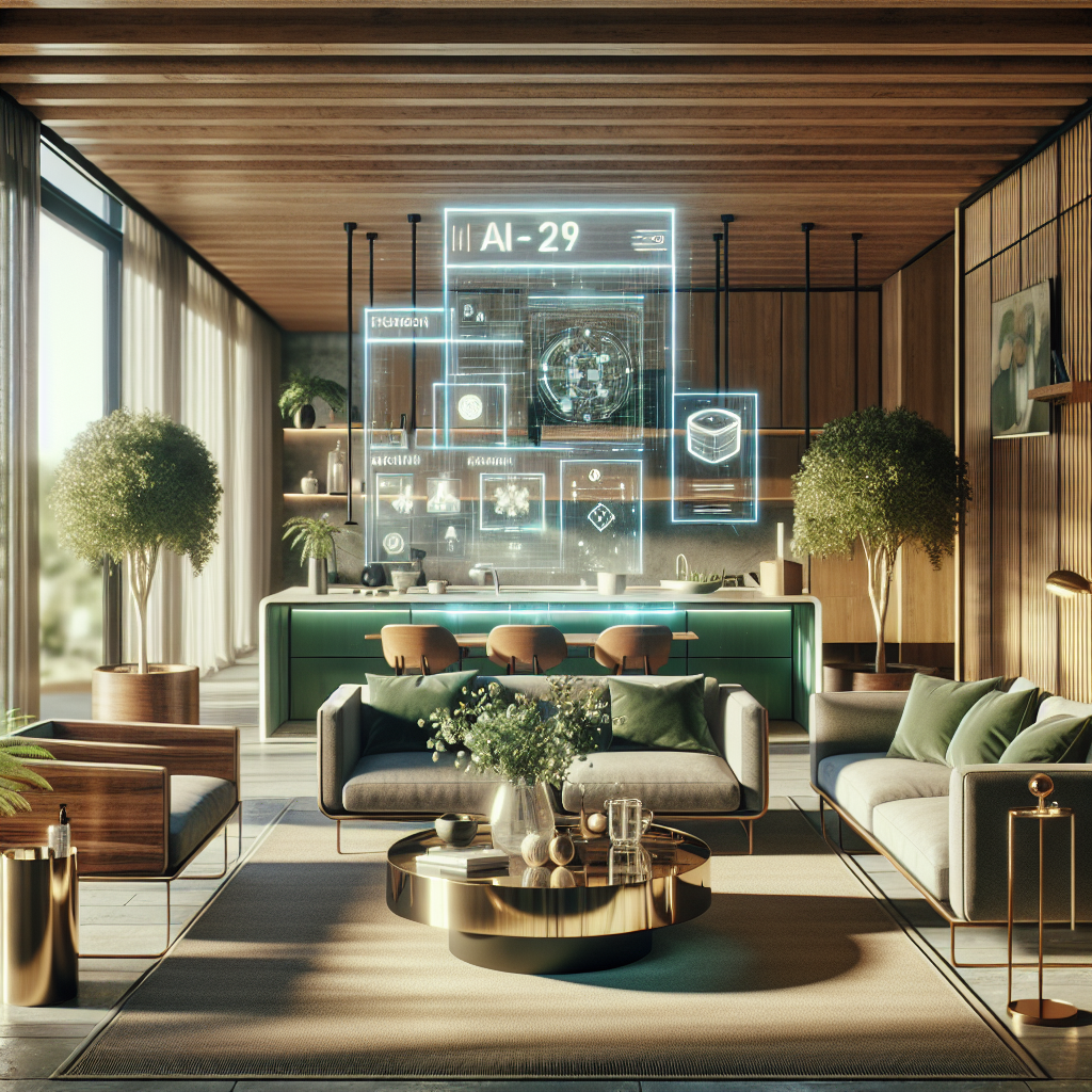 Hyperrealistic modern living room with walnut wood, brass fixtures, green accents, plants, and futuristic holographic AI design interface.