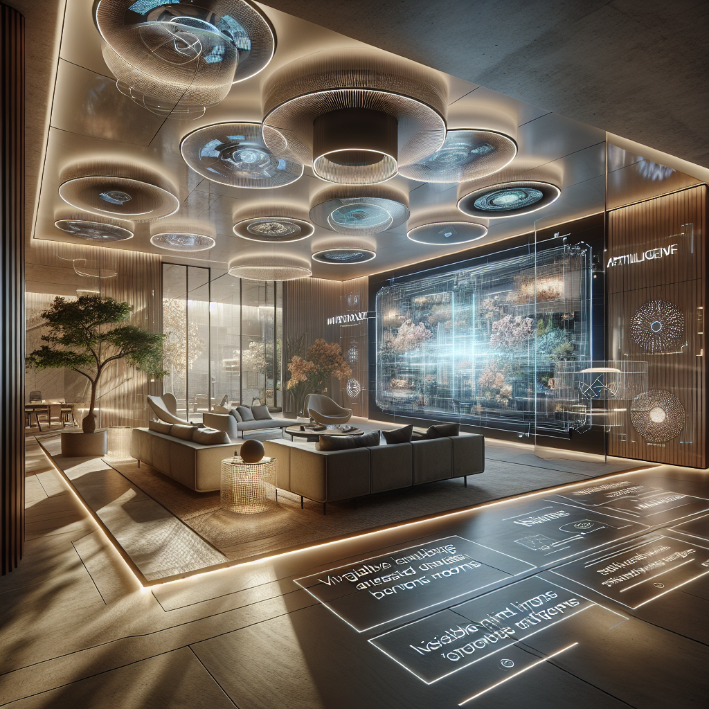 Hyperrealistic futuristic living room with AI-driven design, adaptive lighting, modular smart furniture, immersive walls, and biophilic accents.