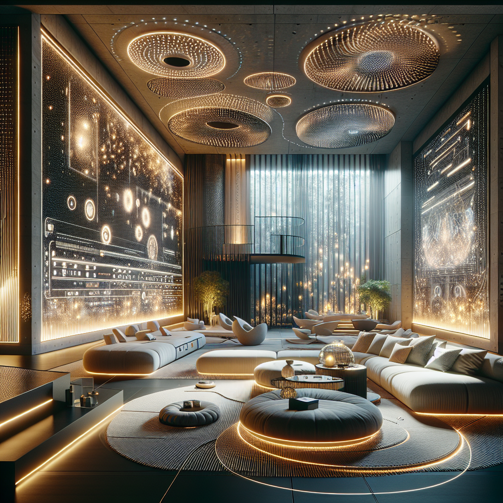 Hyperrealistic futuristic living room with AI-driven design, adaptive lighting, modular smart furniture, immersive walls, and biophilic accents.