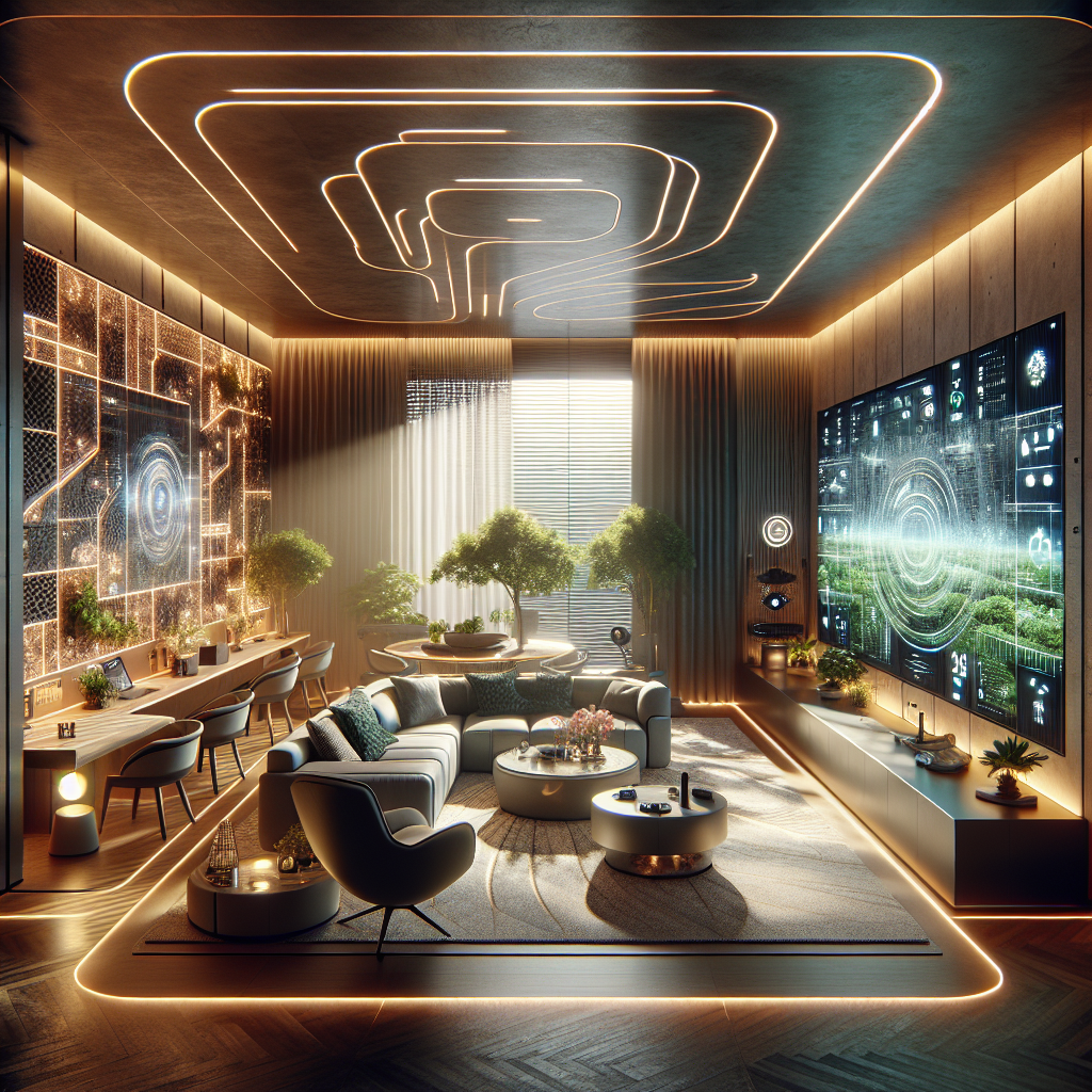 Hyperrealistic futuristic living room with AI-driven design, adaptive lighting, modular smart furniture, immersive walls, and biophilic accents.