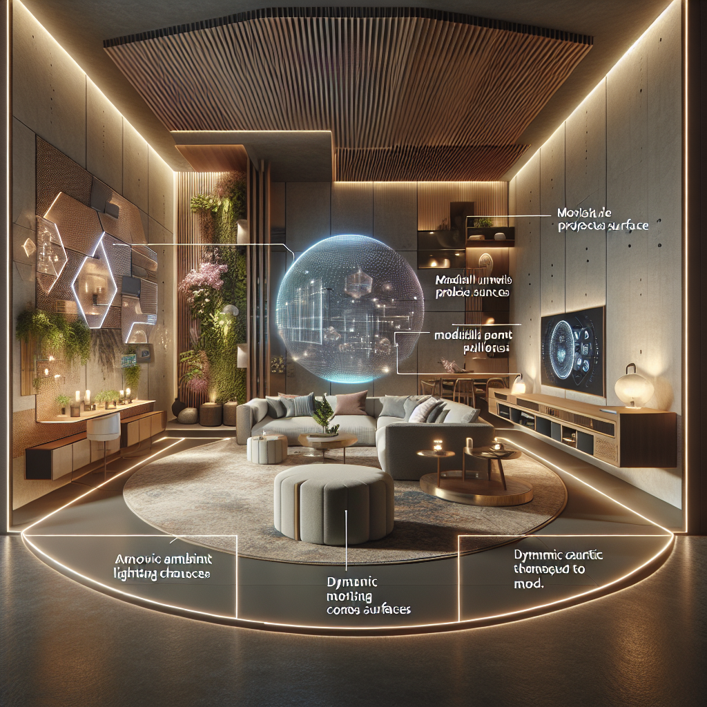 Hyperrealistic futuristic living room with AI-driven design, adaptive lighting, modular smart furniture, immersive walls, and biophilic accents.