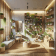 "Small modern apartment with affordable biophilic design: vertical garden, hanging plants, bamboo blinds, herbal shelves, and calming décor."