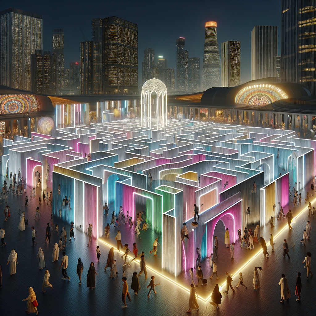 Hyperrealistic city plaza night festival with glowing labyrinth of recycled fabrics, LED light paths, mirrors, and urban skyline.