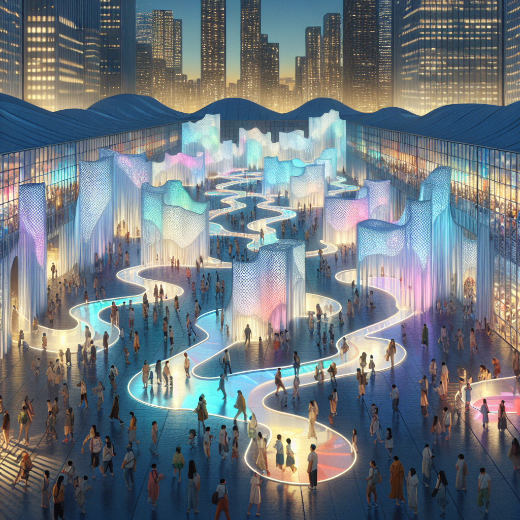 Hyperrealistic city plaza night festival with glowing labyrinth of recycled fabrics, LED light paths, mirrors, and urban skyline.