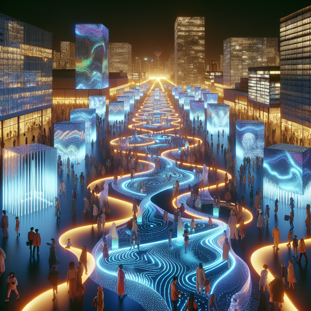Hyperrealistic city plaza night festival with glowing labyrinth of recycled fabrics, LED light paths, mirrors, and urban skyline.