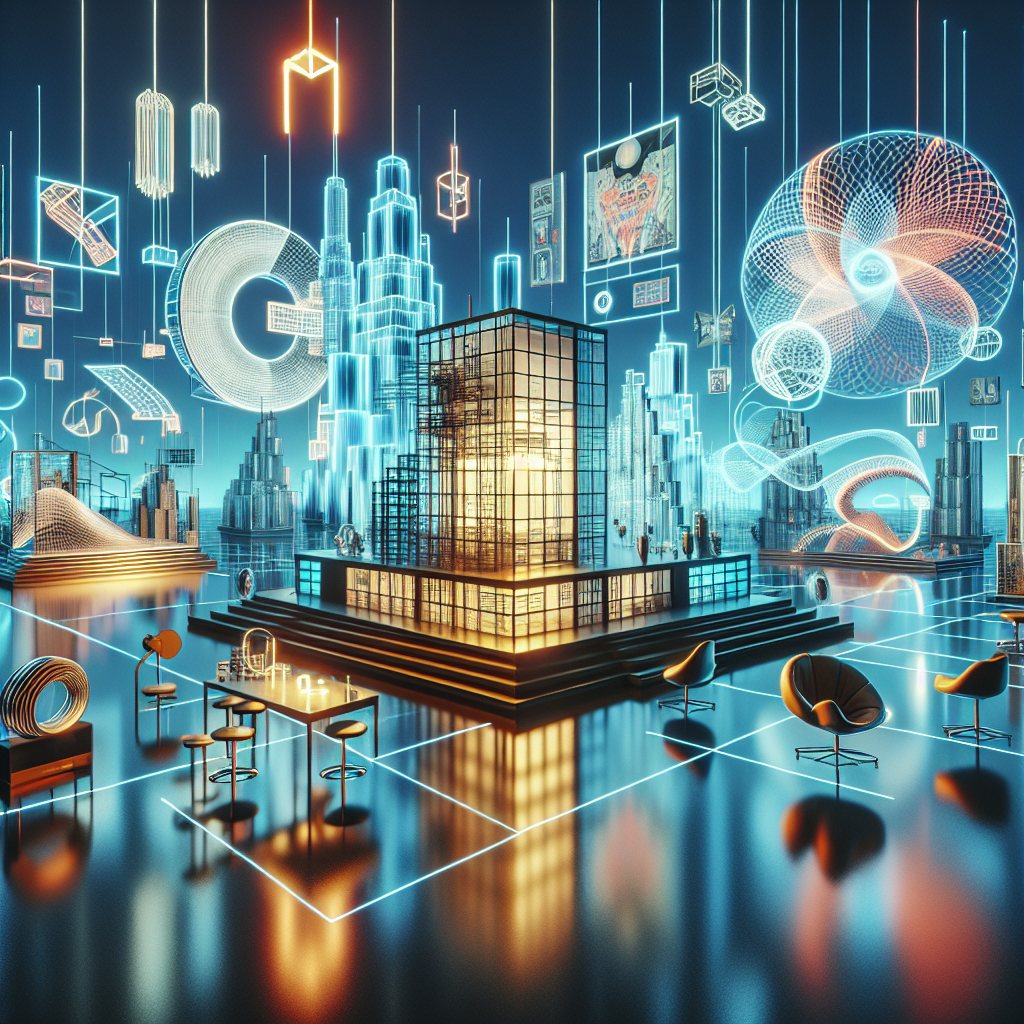 Hyperrealistic futuristic cyberspace with Bauhaus-inspired geometric buildings, neon holograms, and parametric generative forms.