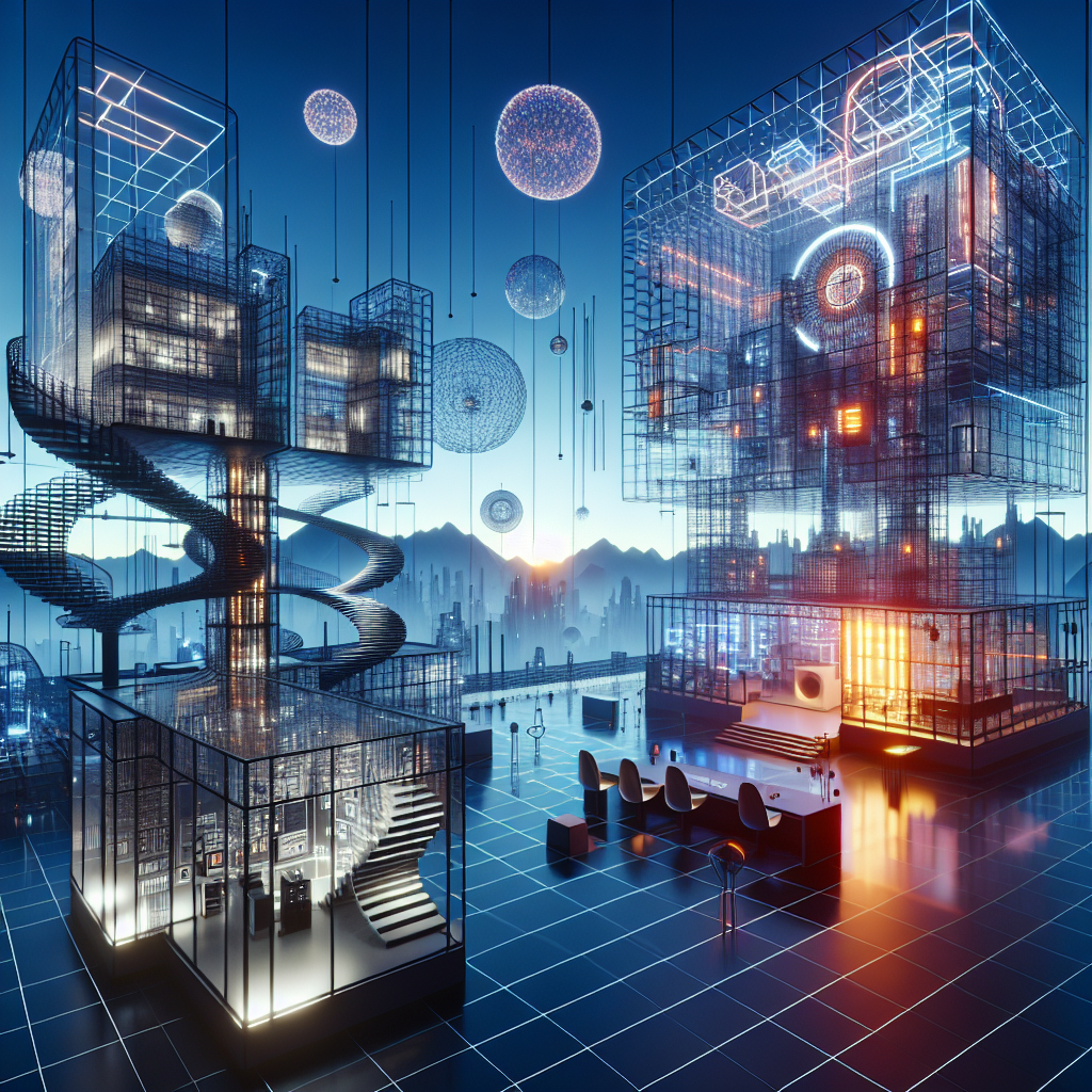 Hyperrealistic futuristic cyberspace with Bauhaus-inspired geometric buildings, neon holograms, and parametric generative forms.