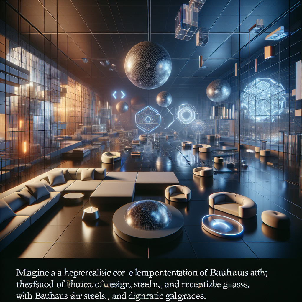 Hyperrealistic futuristic cyberspace with Bauhaus-inspired geometric buildings, neon holograms, and parametric generative forms.