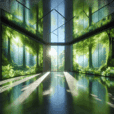 Hyperrealistic futuristic interior with immersive biophilic projections of forest canopy, blue skies, and natural light for tranquil sanctuary.