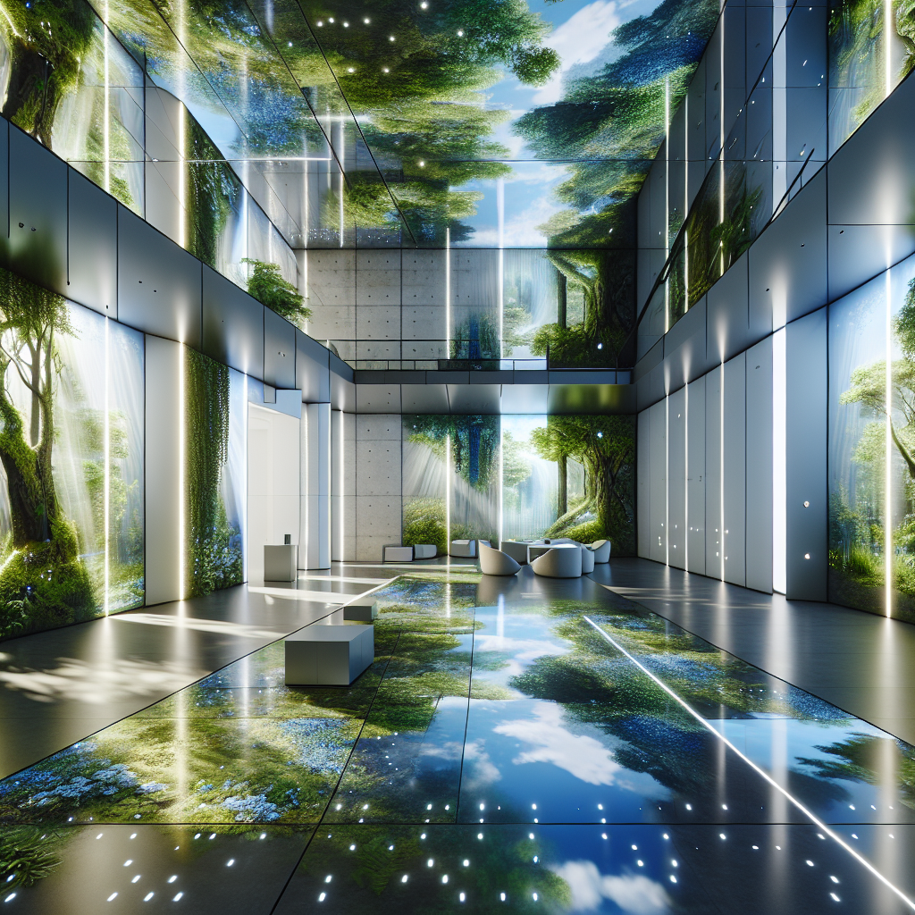 Hyperrealistic futuristic interior with immersive biophilic projections of forest canopy, blue skies, and natural light for tranquil sanctuary.