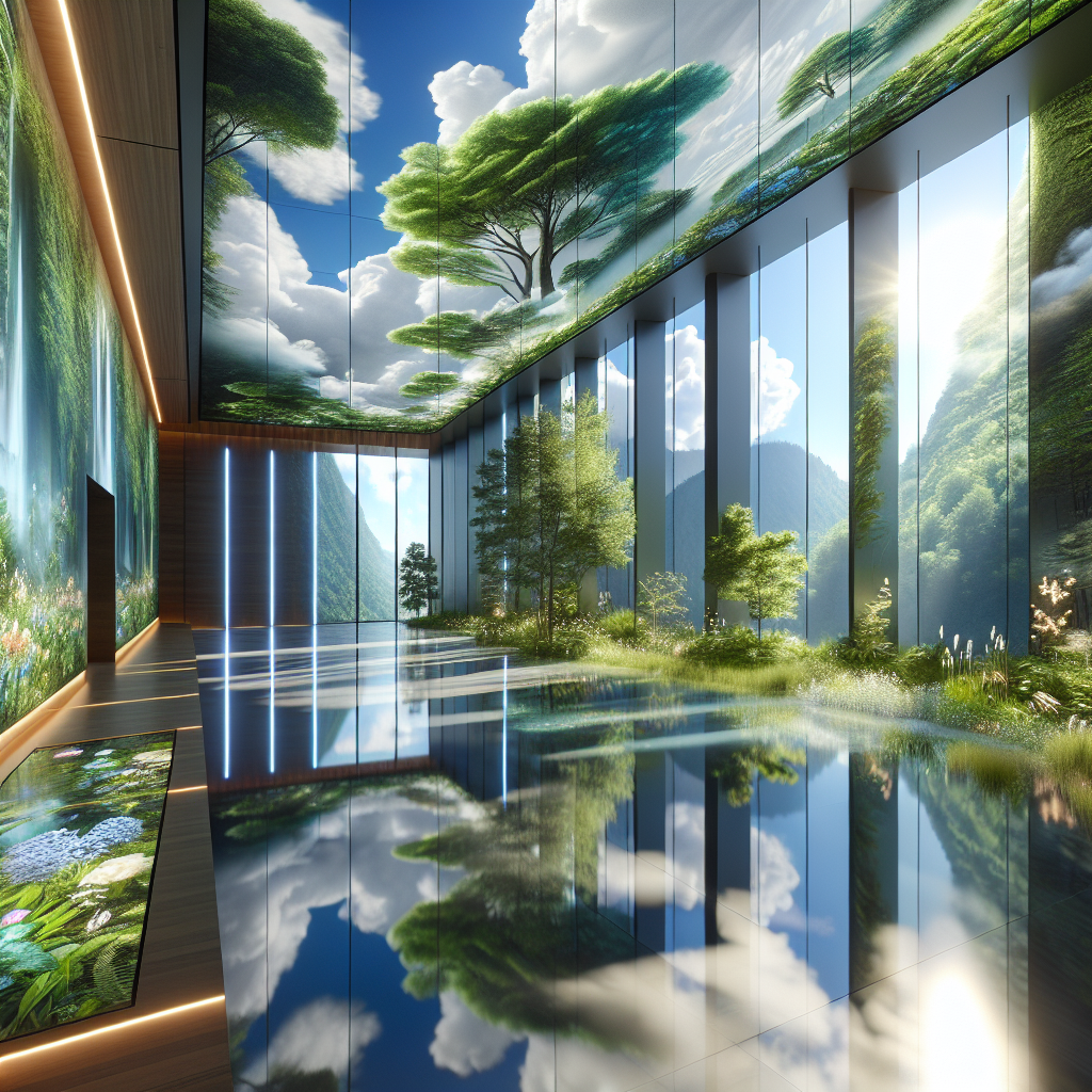 Hyperrealistic futuristic interior with immersive biophilic projections of forest canopy, blue skies, and natural light for tranquil sanctuary.