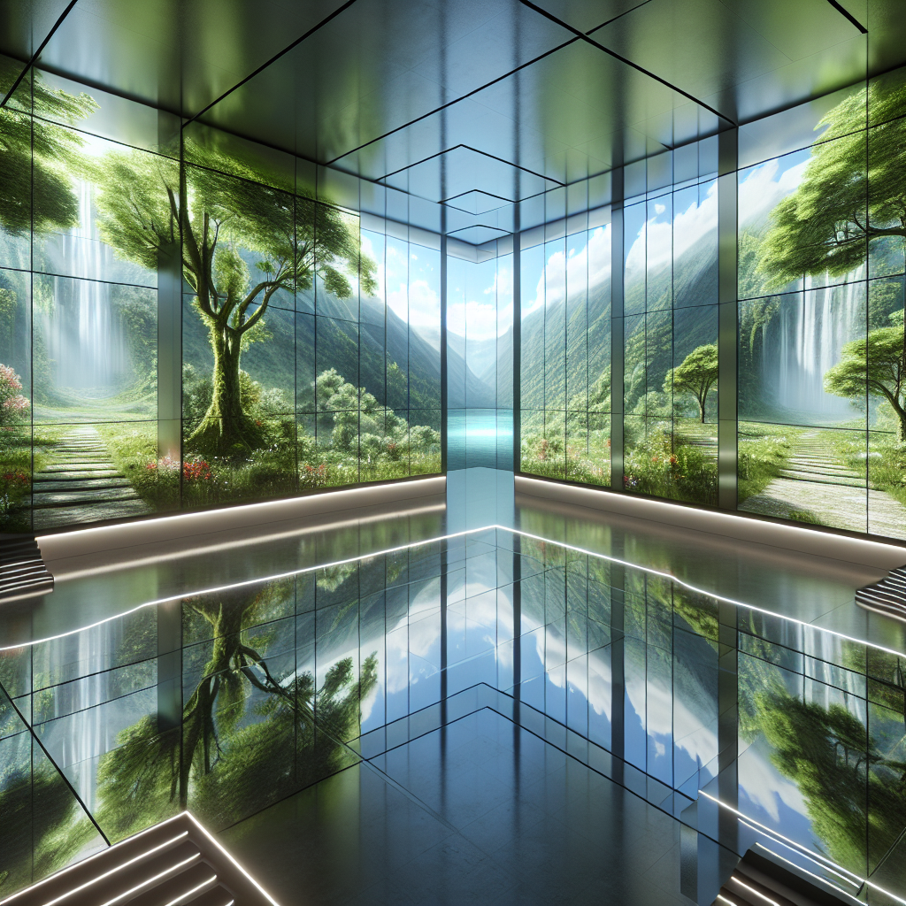Hyperrealistic futuristic interior with immersive biophilic projections of forest canopy, blue skies, and natural light for tranquil sanctuary.