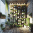 "Vertical garden on small urban balcony with reclaimed wood pallets, pocket planters of herbs, ivy on bamboo trellis, eco-friendly design"