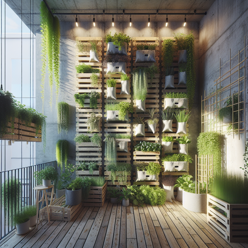 "Vertical garden on small urban balcony with reclaimed wood pallets, pocket planters of herbs, ivy on bamboo trellis, eco-friendly design"