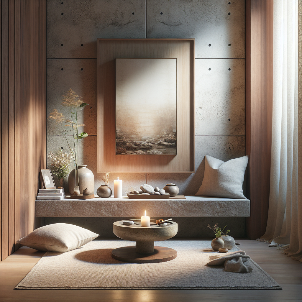 Modern home reflection nook with wooden altar, candle, flower vase, natural textures, and soft lighting for serene interior design.