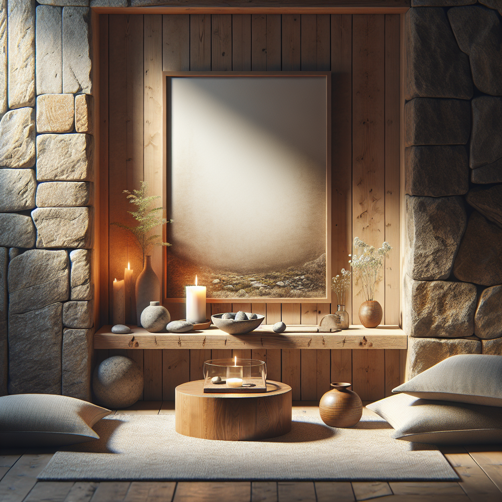 Modern home reflection nook with wooden altar, candle, flower vase, natural textures, and soft lighting for serene interior design.