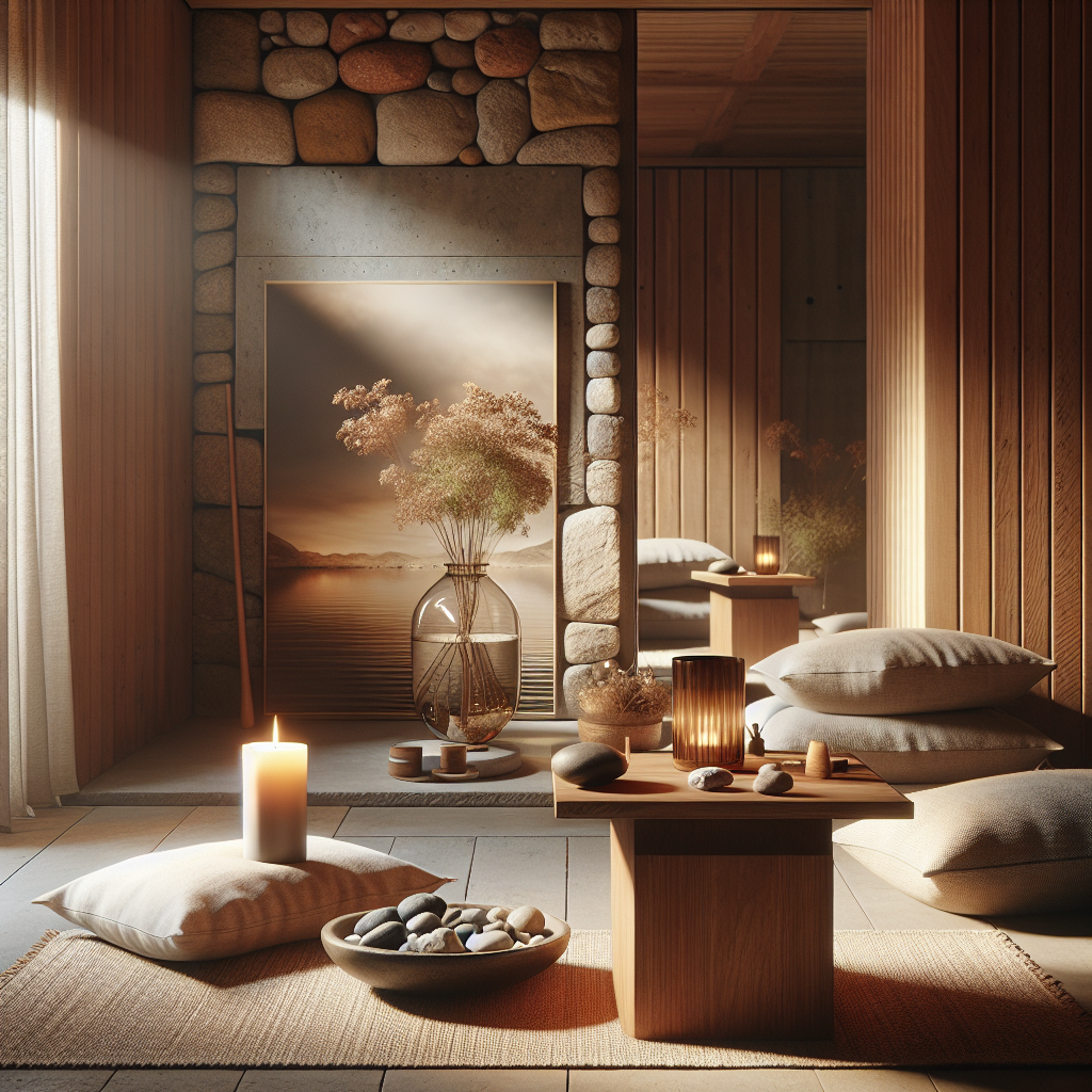 Modern home reflection nook with wooden altar, candle, flower vase, natural textures, and soft lighting for serene interior design.