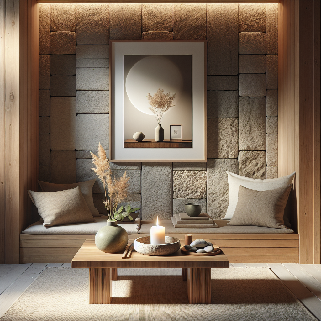 Modern home reflection nook with wooden altar, candle, flower vase, natural textures, and soft lighting for serene interior design.