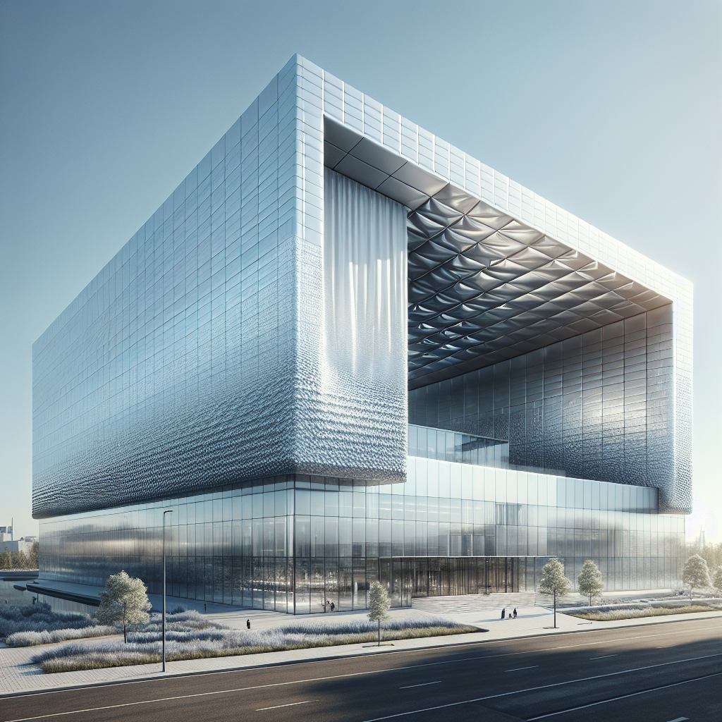 Hyperrealistic eco-friendly building with thermochromic roof and façade transitioning from silver to graphite under sunlight in urban setting.