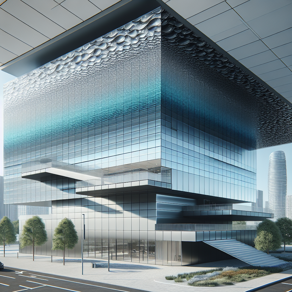 Hyperrealistic eco-friendly building with thermochromic roof and façade transitioning from silver to graphite under sunlight in urban setting.