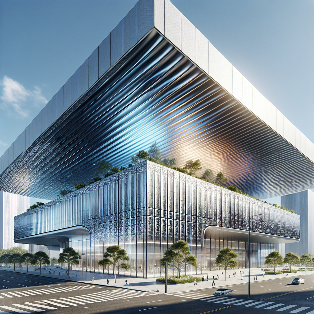Hyperrealistic eco-friendly building with thermochromic roof and façade transitioning from silver to graphite under sunlight in urban setting.