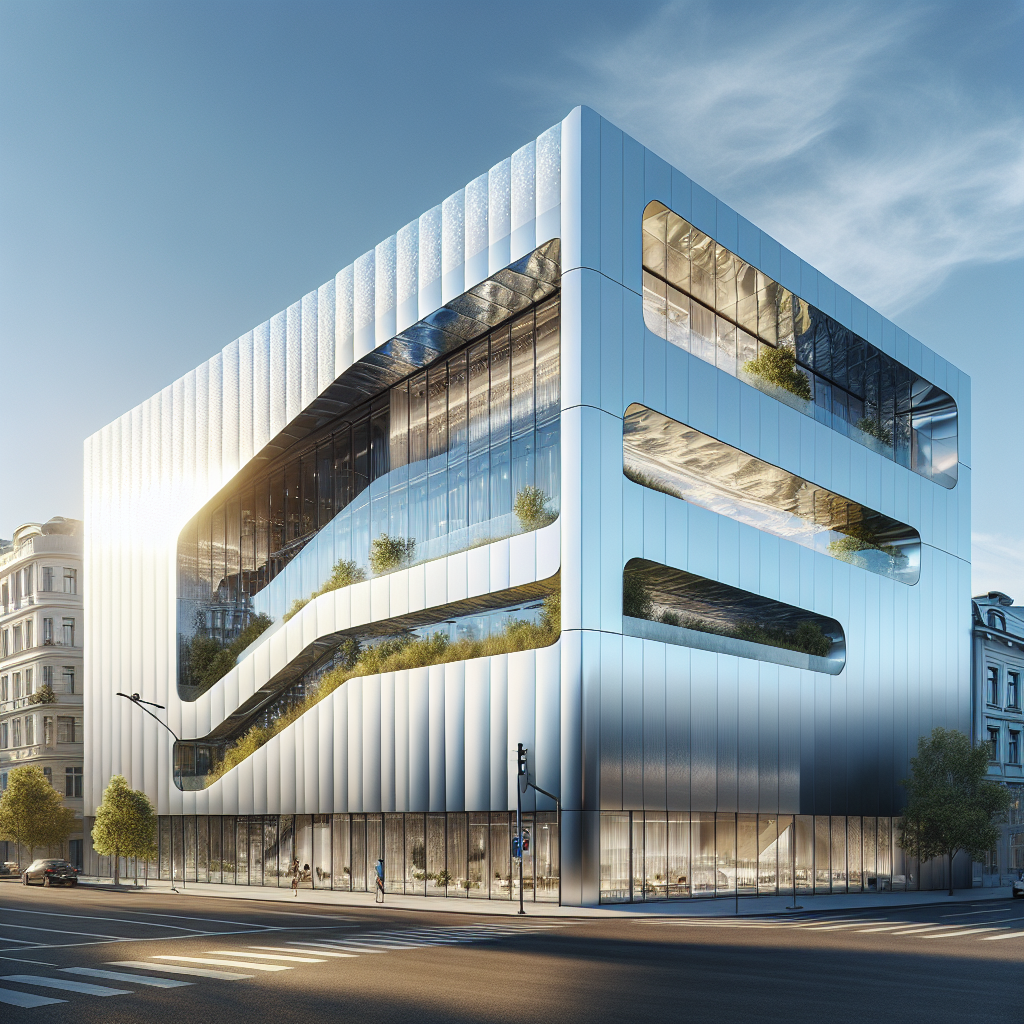 Hyperrealistic eco-friendly building with thermochromic roof and façade transitioning from silver to graphite under sunlight in urban setting.