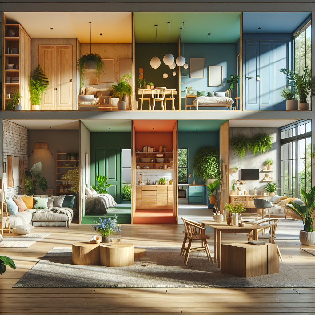Hyperrealistic modern open-plan interior using color psychology with blue bedroom, green reading nook, yellow kitchen, and red dining area.
