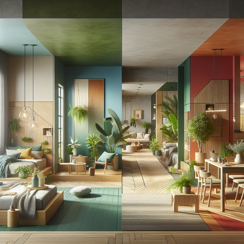 Hyperrealistic modern open-plan interior using color psychology with blue bedroom, green reading nook, yellow kitchen, and red dining area.
