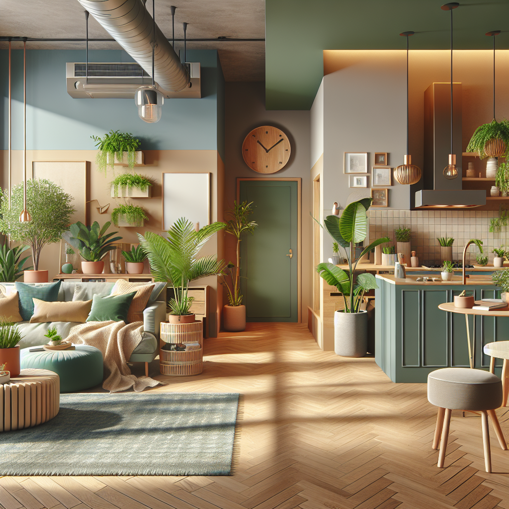 Hyperrealistic modern open-plan interior using color psychology with blue bedroom, green reading nook, yellow kitchen, and red dining area.